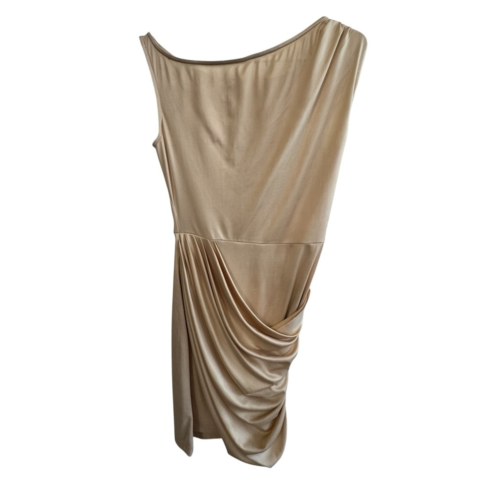 Elegant Aggie High End Modern Tan Cream Golden Draped Dress MINTY M Asymmetrical